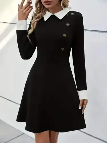 Women's Long Sleeve Collar Buttoned Short Modal Mini Dress - 1
