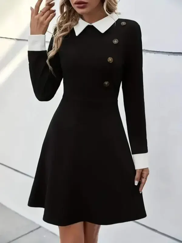 Women's Long Sleeve Collar Buttoned Short Modal Mini Dress - 1
