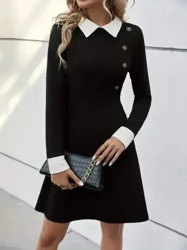 Women's Long Sleeve Collar Buttoned Short Modal Mini Dress - BÜYÜKBEDENIZ (1)