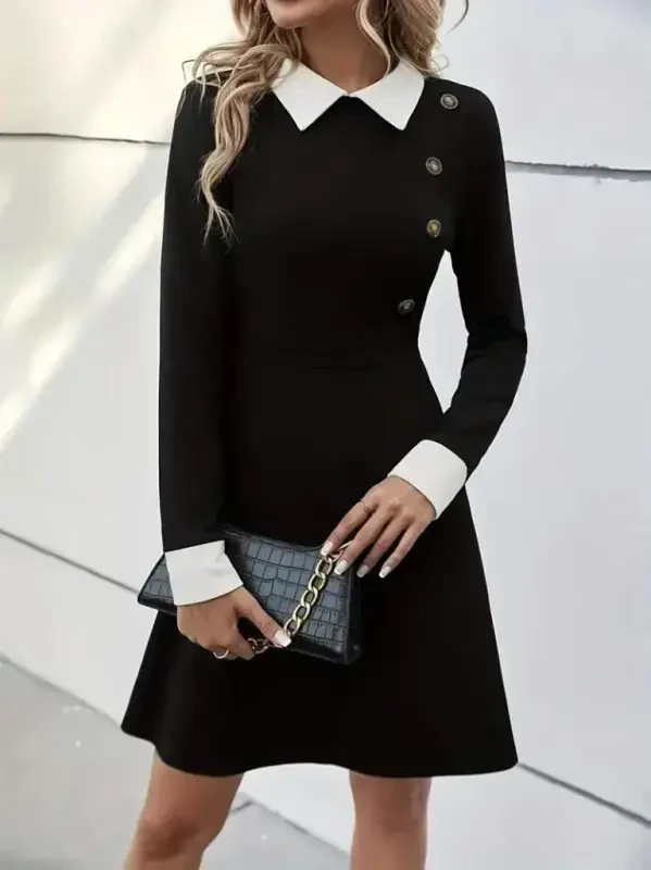 Women's Long Sleeve Collar Buttoned Short Modal Mini Dress - 2