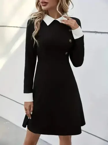 Women's Long Sleeve Collar Buttoned Short Modal Mini Dress - 5