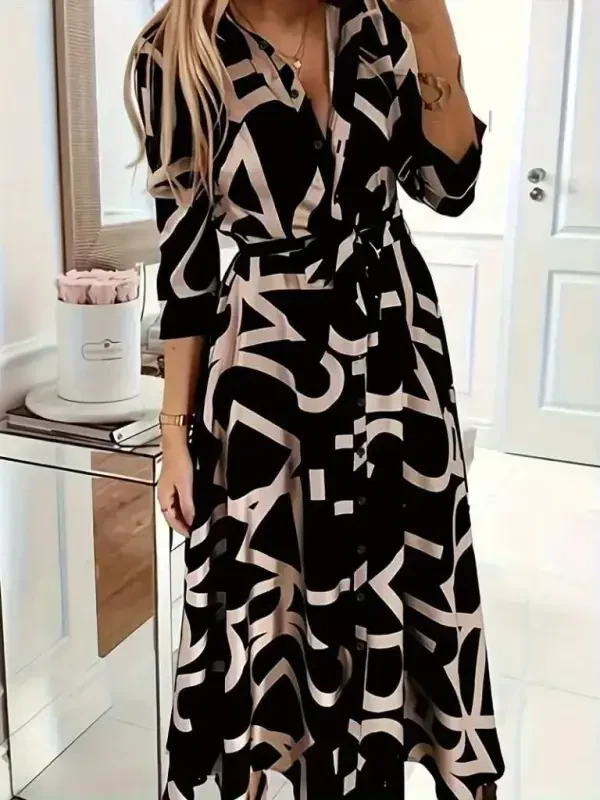 Women's Long Sleeve Collar Front Buttoned Long Supima Dress - BÜYÜKBEDENIZ