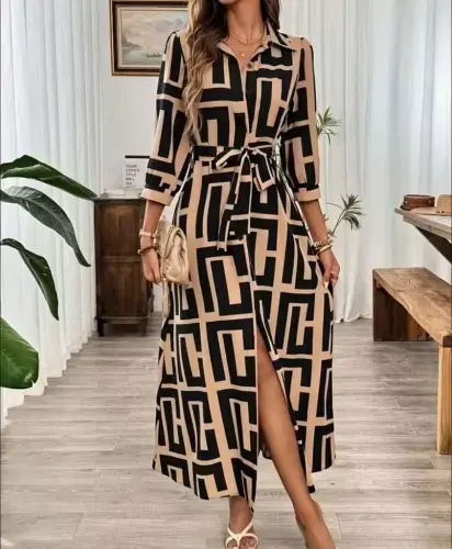 Women's Long Sleeve Collar Front Buttoned Long Supima Dress - 1