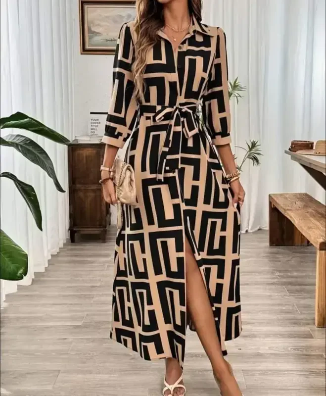 Women's Long Sleeve Collar Front Buttoned Long Supima Dress - BÜYÜKBEDENIZ