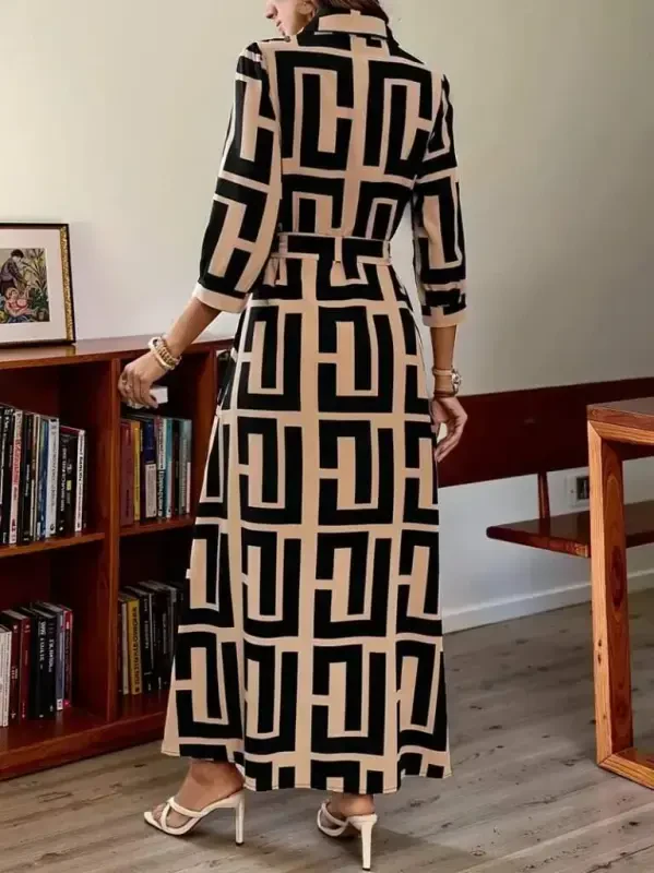 Women's Long Sleeve Collar Front Buttoned Long Supima Dress - 3