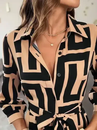 Women's Long Sleeve Collar Front Buttoned Long Supima Dress - 4