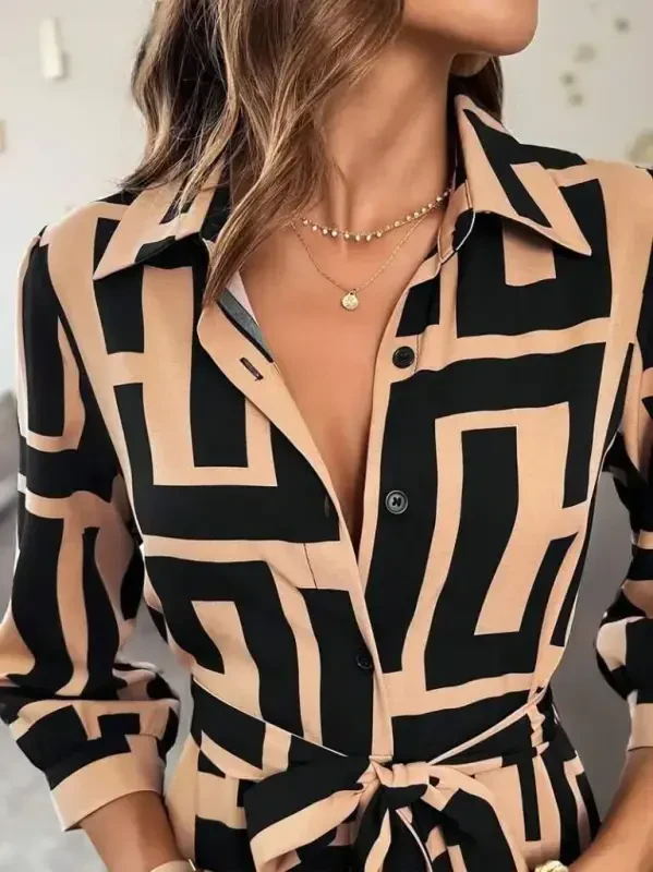 Women's Long Sleeve Collar Front Buttoned Long Supima Dress - 4