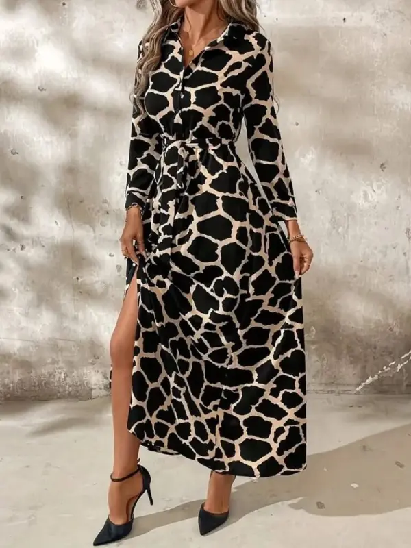 Women's Long Sleeve Collar Front Buttoned Patterned Belted Long Supima Dress - 1