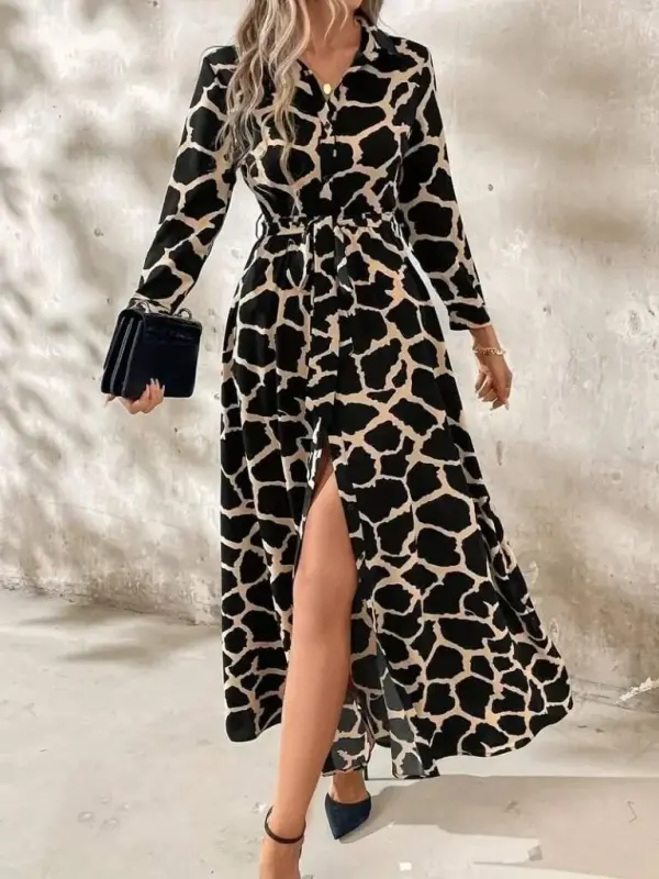 Women's Long Sleeve Collar Front Buttoned Patterned Belted Long Supima Dress - 2