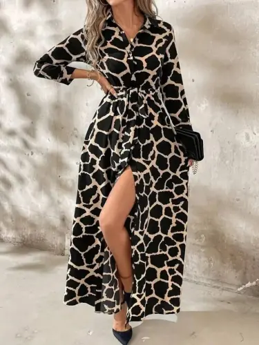 Women's Long Sleeve Collar Front Buttoned Patterned Belted Long Supima Dress - 3