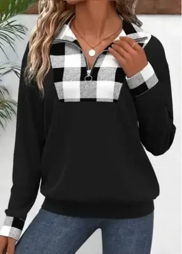 Women's Long Sleeve Collar Front Zipper Plaid Detailed Viscose Two Thread Blouse - 1