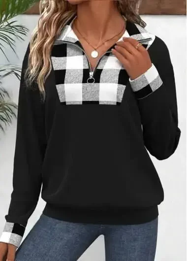 Women's Long Sleeve Collar Front Zipper Plaid Detailed Viscose Two Thread Blouse - 1