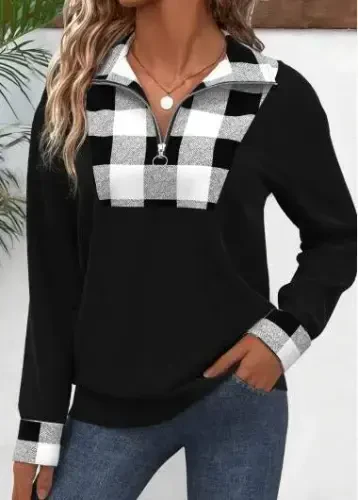 Women's Long Sleeve Collar Front Zipper Plaid Detailed Viscose Two Thread Blouse - 3