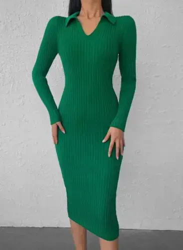 Women's Long Sleeve Collar Knit Dress - BÜYÜKBEDENIZ (1)