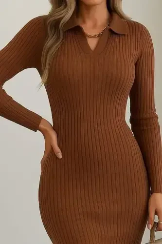 Women's Long Sleeve Collar Knit Dress - BÜYÜKBEDENIZ (1)
