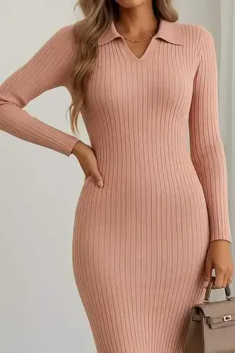 Women's Long Sleeve Collar Knit Dress - BÜYÜKBEDENIZ (1)