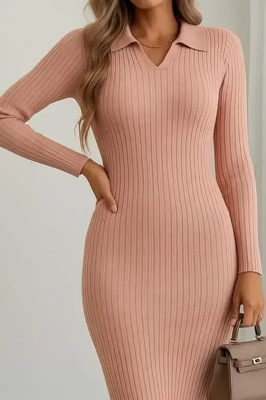 Women's Long Sleeve Collar Knit Dress - 2