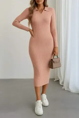 Women's Long Sleeve Collar Knit Dress - 3