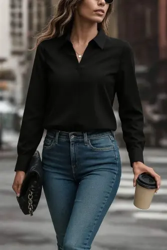 Women's Long Sleeve Collar Knit Shirt - 1