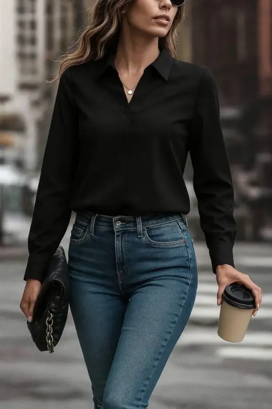 Women's Long Sleeve Collar Knit Shirt - 1