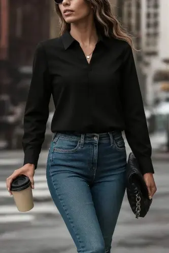 Women's Long Sleeve Collar Knit Shirt - 3