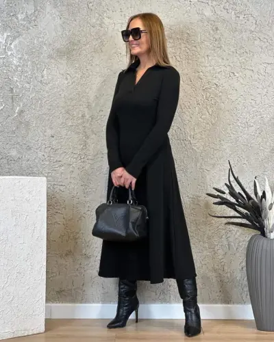 Women's Long Sleeve Collar Midi Viscose Two Thread Dress - 1