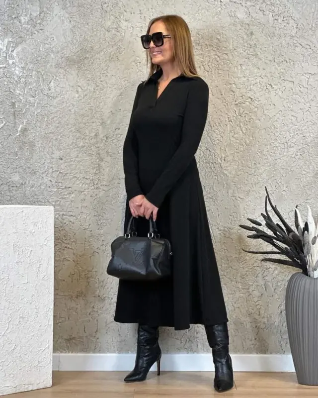 Women's Long Sleeve Collar Midi Viscose Two Thread Dress - 1