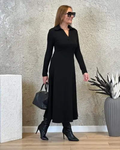 Women's Long Sleeve Collar Midi Viscose Two Thread Dress - BÜYÜKBEDENIZ (1)