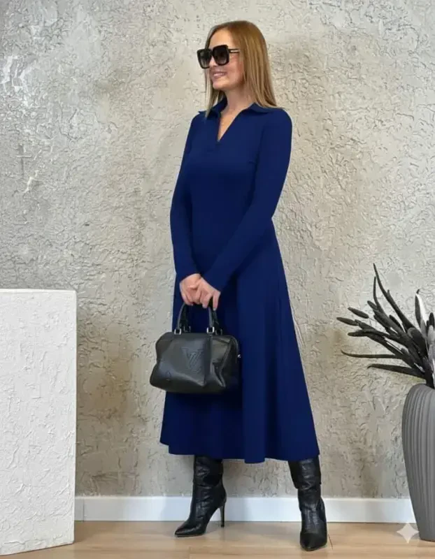 Women's Long Sleeve Collar Midi Viscose Two Thread Dress - 1