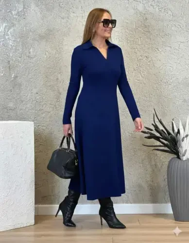 Women's Long Sleeve Collar Midi Viscose Two Thread Dress - BÜYÜKBEDENIZ (1)