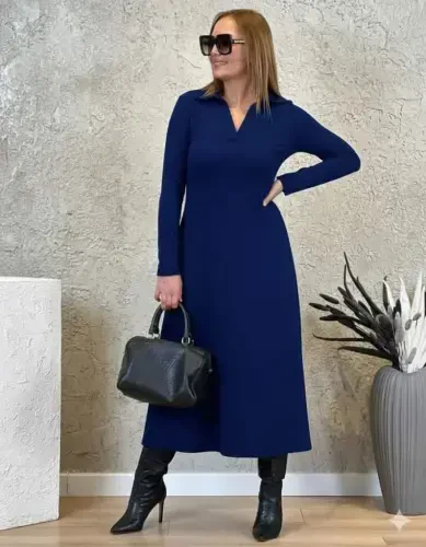 Women's Long Sleeve Collar Midi Viscose Two Thread Dress - 3