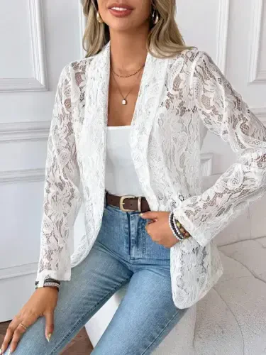 Women's Long Sleeve Collar Open Front Lace Jacket - 3