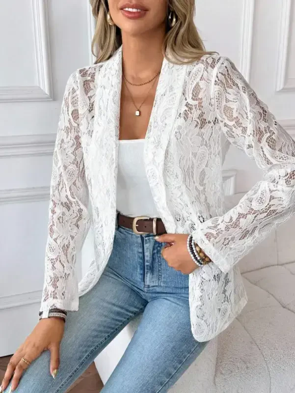 Women's Long Sleeve Collar Open Front Lace Jacket - 3
