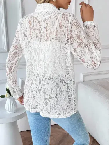 Women's Long Sleeve Collar Open Front Lace Jacket - 4