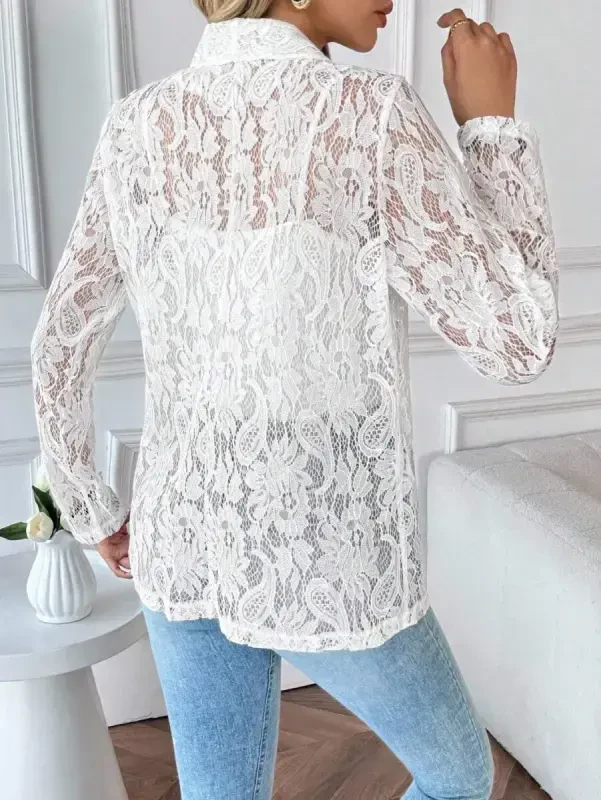 Women's Long Sleeve Collar Open Front Lace Jacket - 4