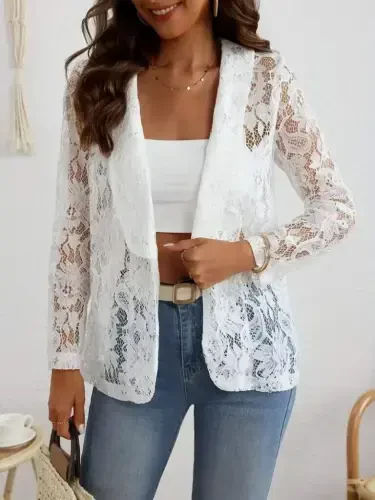 Women's Long Sleeve Collar Open Front Lace Jacket - 6
