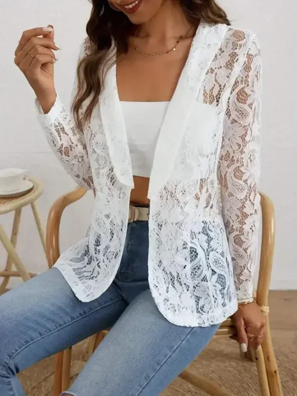 Women's Long Sleeve Collar Open Front Lace Jacket - 7
