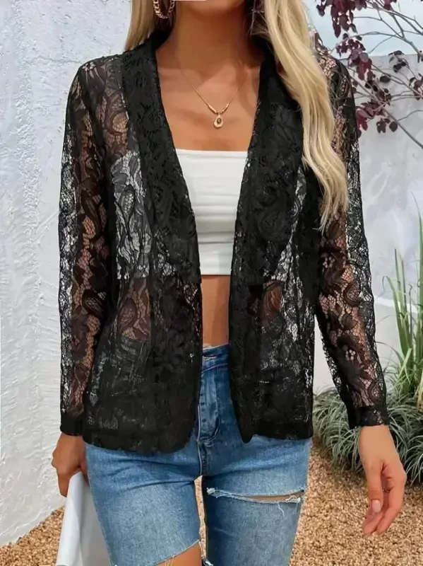 Women's Long Sleeve Collar Open Front Lace Jacket - BÜYÜKBEDENIZ