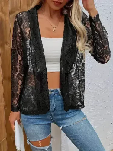 Women's Long Sleeve Collar Open Front Lace Jacket - BÜYÜKBEDENIZ (1)
