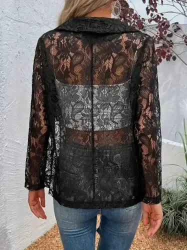 Women's Long Sleeve Collar Open Front Lace Jacket - 3