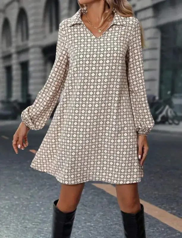 Women's Long Sleeve Collar Patterned Mini Modal Dress - BÜYÜKBEDENIZ