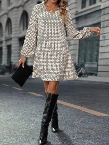 Women's Long Sleeve Collar Patterned Mini Modal Dress - BÜYÜKBEDENIZ (1)