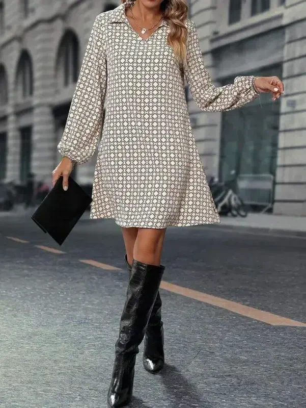 Women's Long Sleeve Collar Patterned Mini Modal Dress - 2