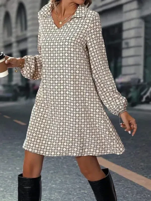 Women's Long Sleeve Collar Patterned Mini Modal Dress - 3