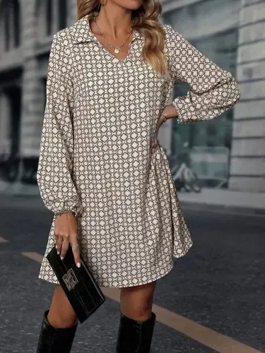 Women's Long Sleeve Collar Patterned Mini Modal Dress - 4
