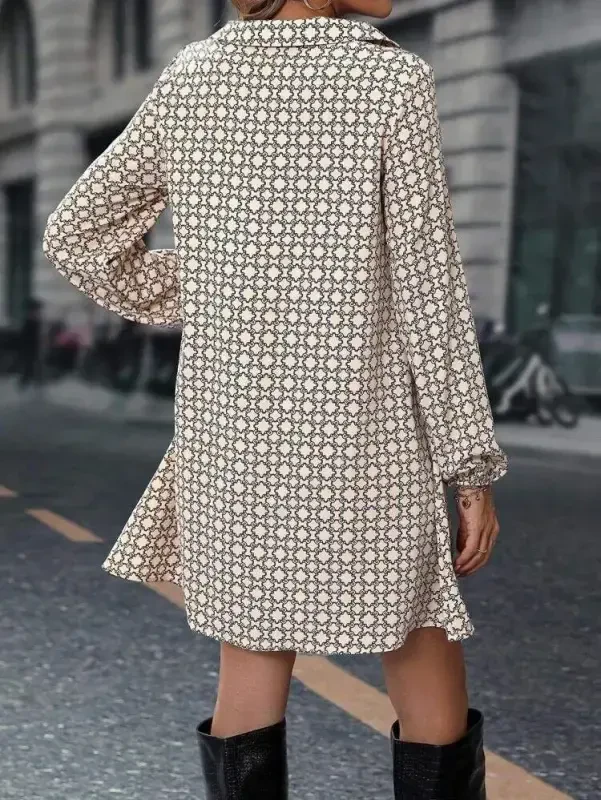 Women's Long Sleeve Collar Patterned Mini Modal Dress - 5