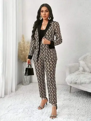 Women's Long Sleeve Collar Patterned Scuba Jacket Blouse And Pants Three Piece Set - 1
