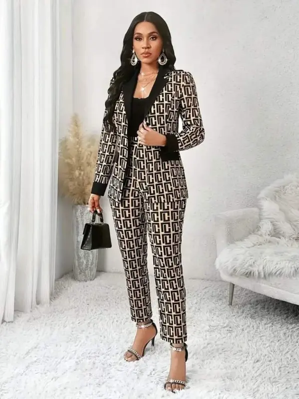 Women's Long Sleeve Collar Patterned Scuba Jacket Blouse And Pants Three Piece Set - 1