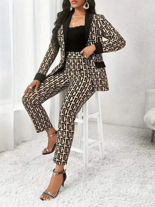 Women's Long Sleeve Collar Patterned Scuba Jacket Blouse And Pants Three Piece Set - 3