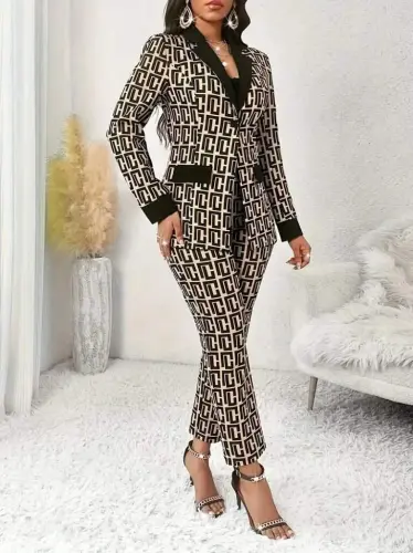 Women's Long Sleeve Collar Patterned Scuba Jacket Blouse And Pants Three Piece Set - 4